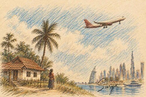 AI illustration by Surya for the Malayalam short article Pravasam Enna Loop by Vaisakh Triprayar