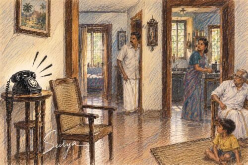 AI illustration by Surya for the Malayalam short article Veettile Avasanatthe Landline by Kiran S. Pillai