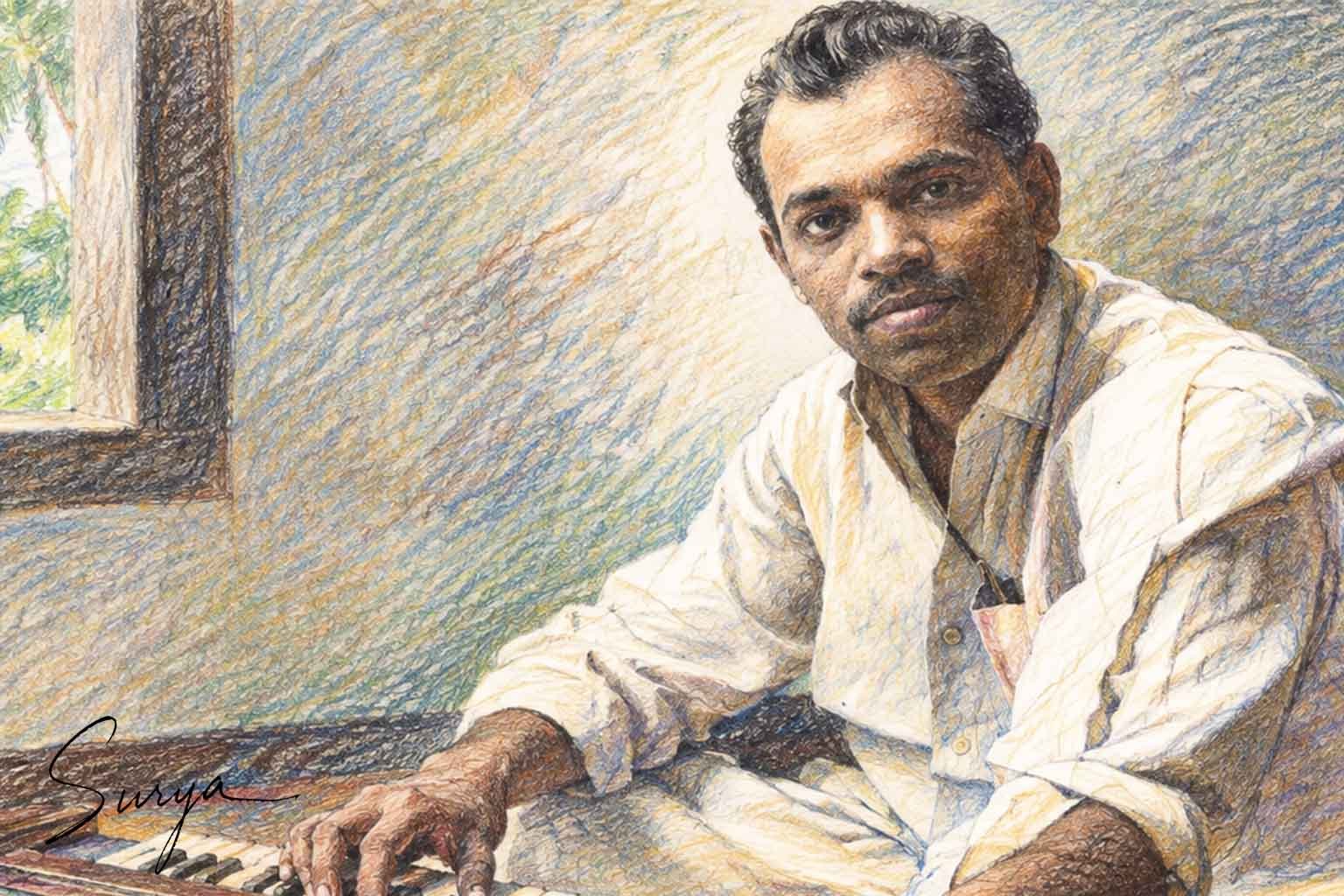 AI illustration of M.S. Baburaj by Surya for the article of Anuraga Ganam Pole by E. C. Suresh